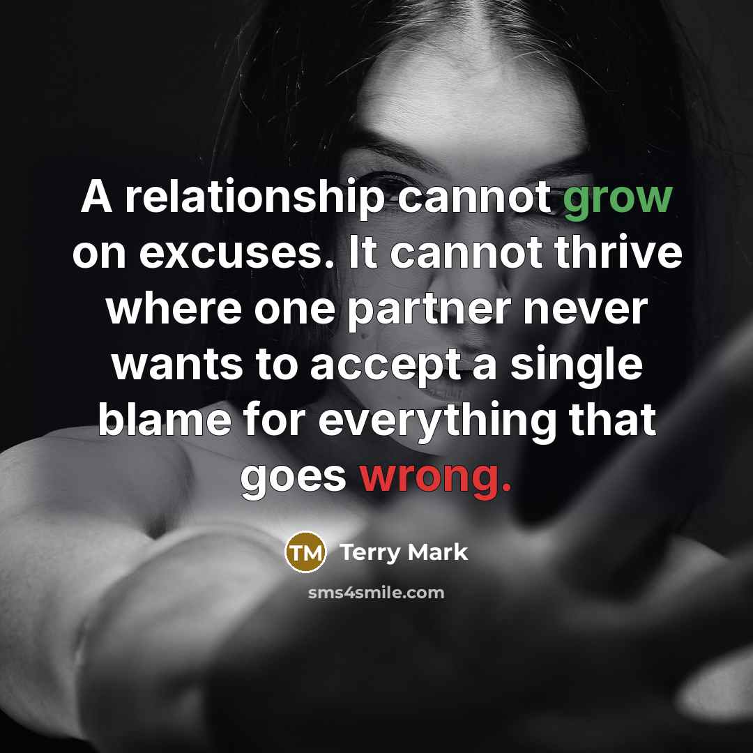 “A relationship cannot grow on excuses. It cannot thrive where one partner never wants to accept a single blame for everything that goes wrong.” quote by Terry Mark
