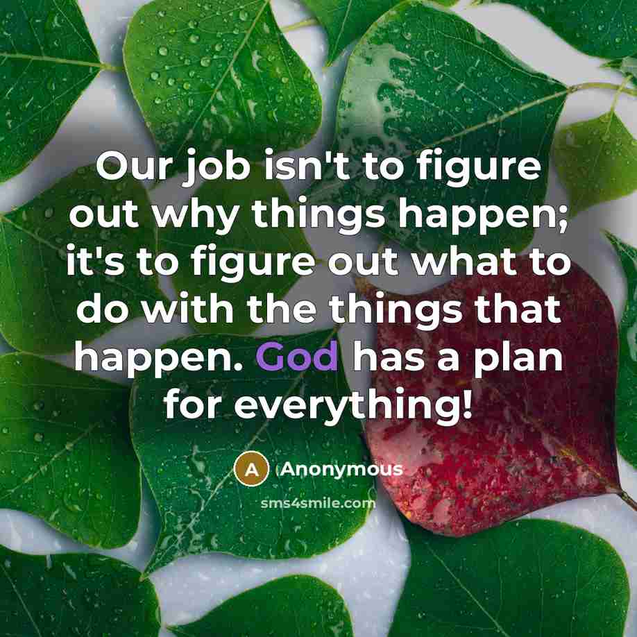 “Our job isn't to figure out why things happen; it's to figure out what to do with the things that happen. God has a plan for everything!” quote by Anonymous