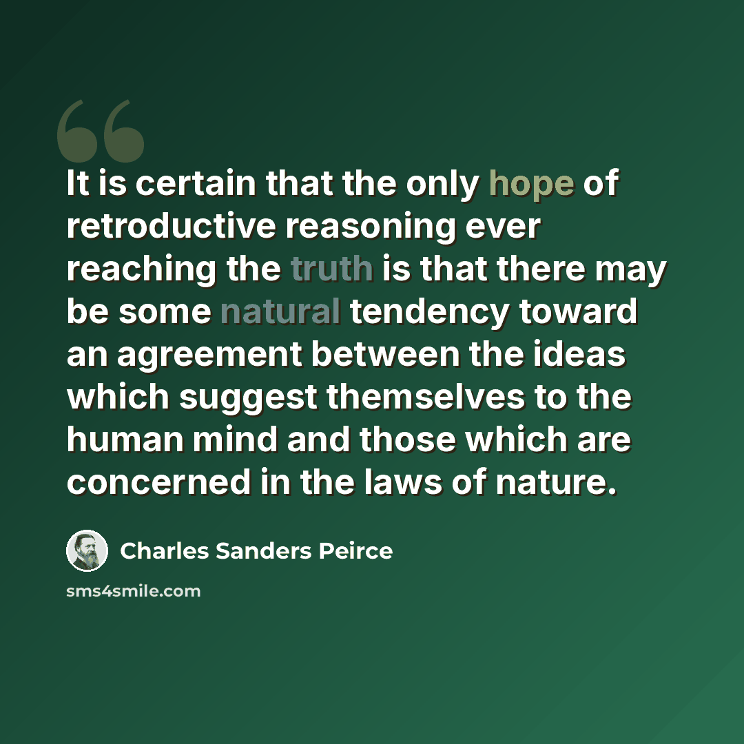 “It is certain that the only hope of retroductive reasoning ever reaching the truth is that there may be some natural tendency toward an agreement between the ideas which suggest themselves to the human mind and those which are concerned in the laws of nature.” quote by Charles Sanders Peirce