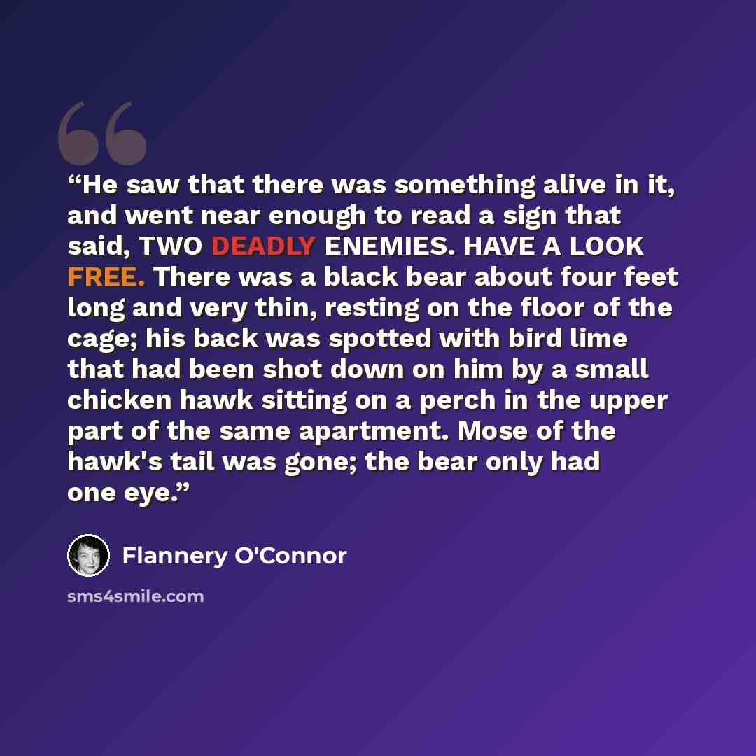 “He saw that there was something alive in it, and went near enough to read a sign that said, TWO DEADLY ENEMIES. HAVE A LOOK FREE. There was a black bear about four feet long and very thin, resting on the floor of the cage; his back was spotted with bird lime that had been shot down on him by a…” quote by Flannery O'Connor