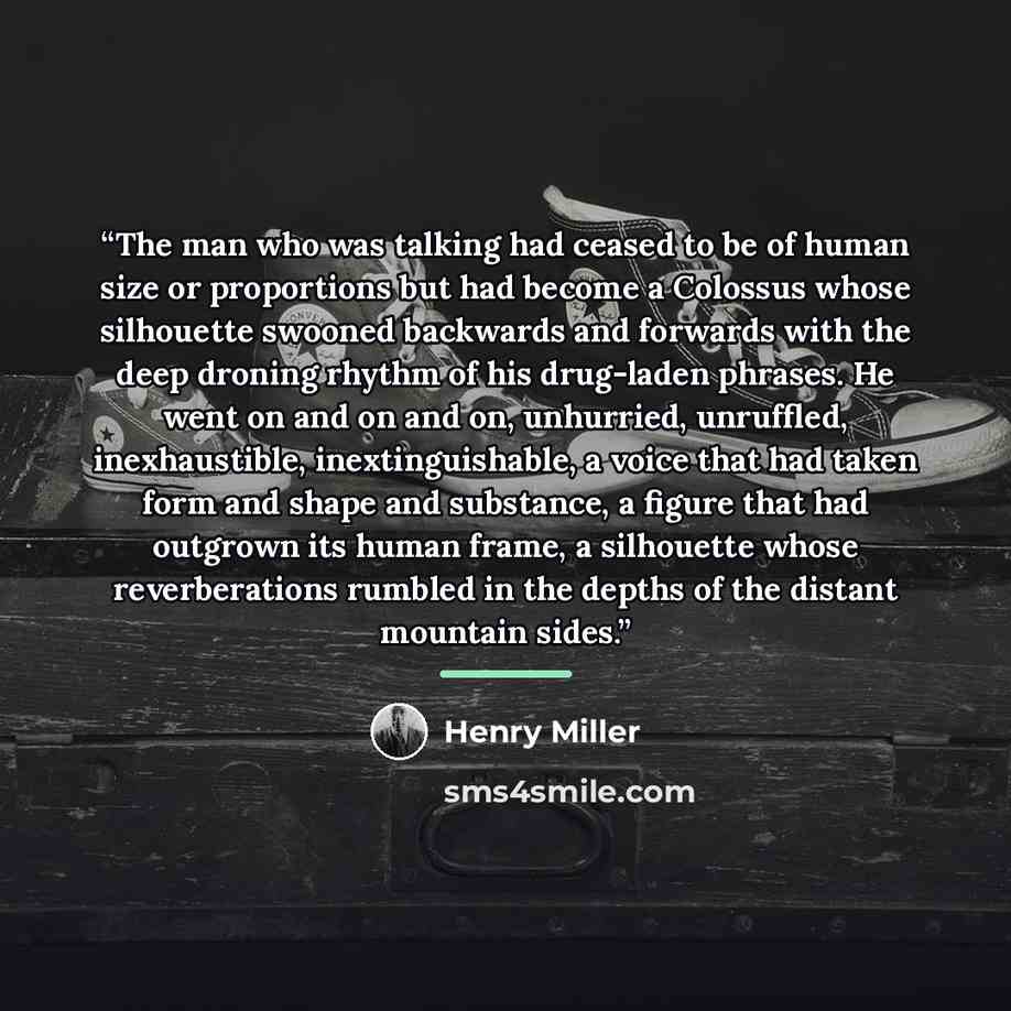 “The man who was talking had ceased to be of human size or proportions but had become a Colossus whose silhouette swooned backwards and forwards with the deep droning rhythm of his drug-laden phrases. He went on and on and on, unhurried, unruffled, inexhaustible, inextinguishable, a voice that had…” quote by Henry Miller