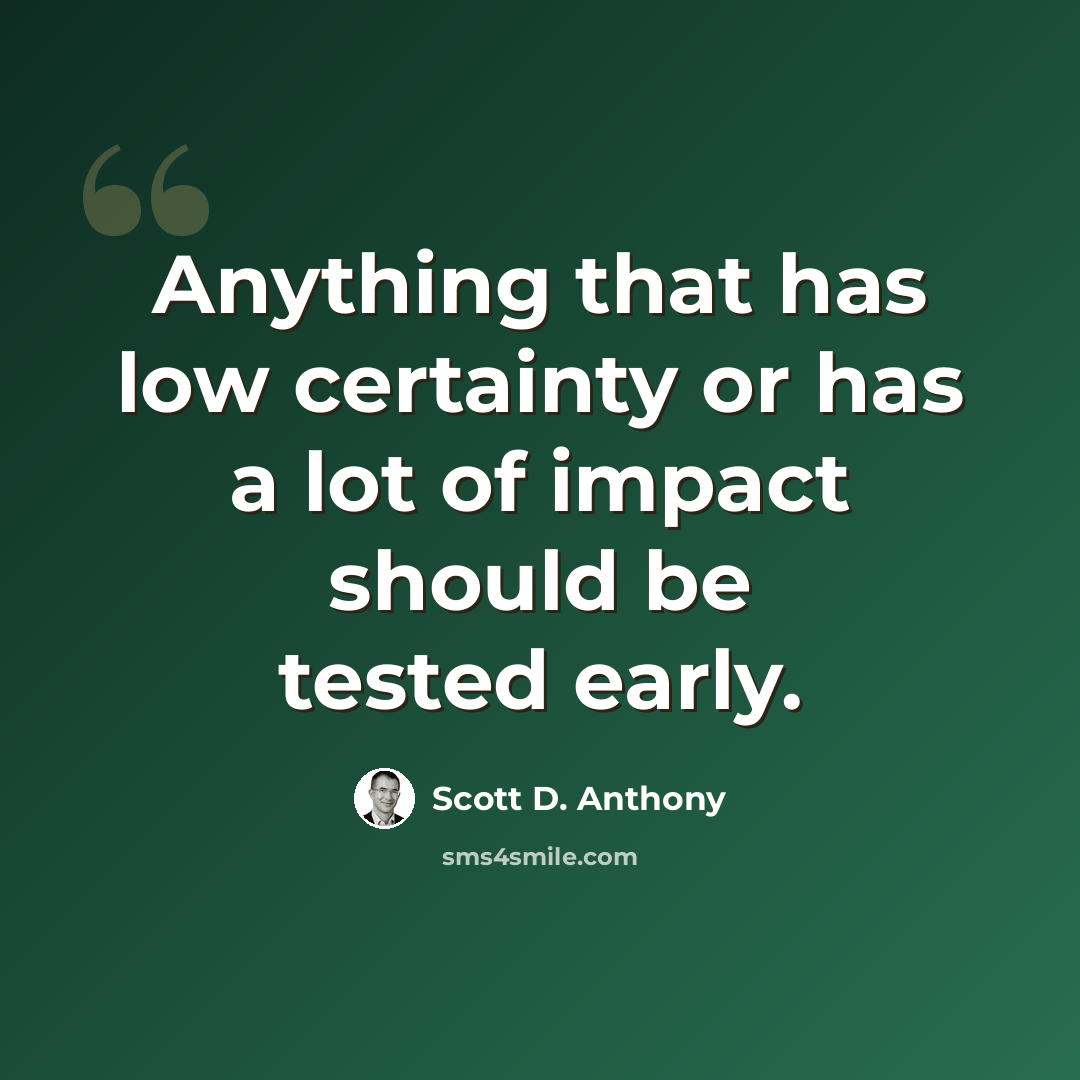 “Anything that has low certainty or has a lot of impact should be tested early.” quote by Scott D. Anthony