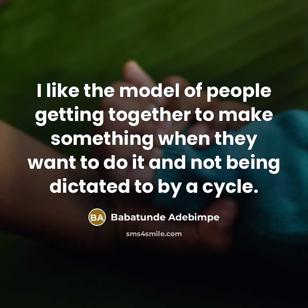 “I like the model of people getting together to make something when they want to do it and not being dictated to by a cycle.” quote by Babatunde Adebimpe
