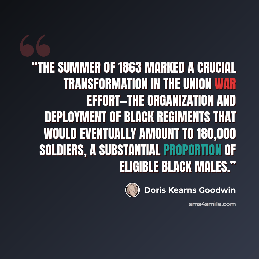 “THE SUMMER OF 1863 marked a crucial transformation in the Union war effort—the organization and deployment of black regiments that would eventually amount to 180,000 soldiers, a substantial proportion of eligible black males.” quote by Doris Kearns Goodwin
