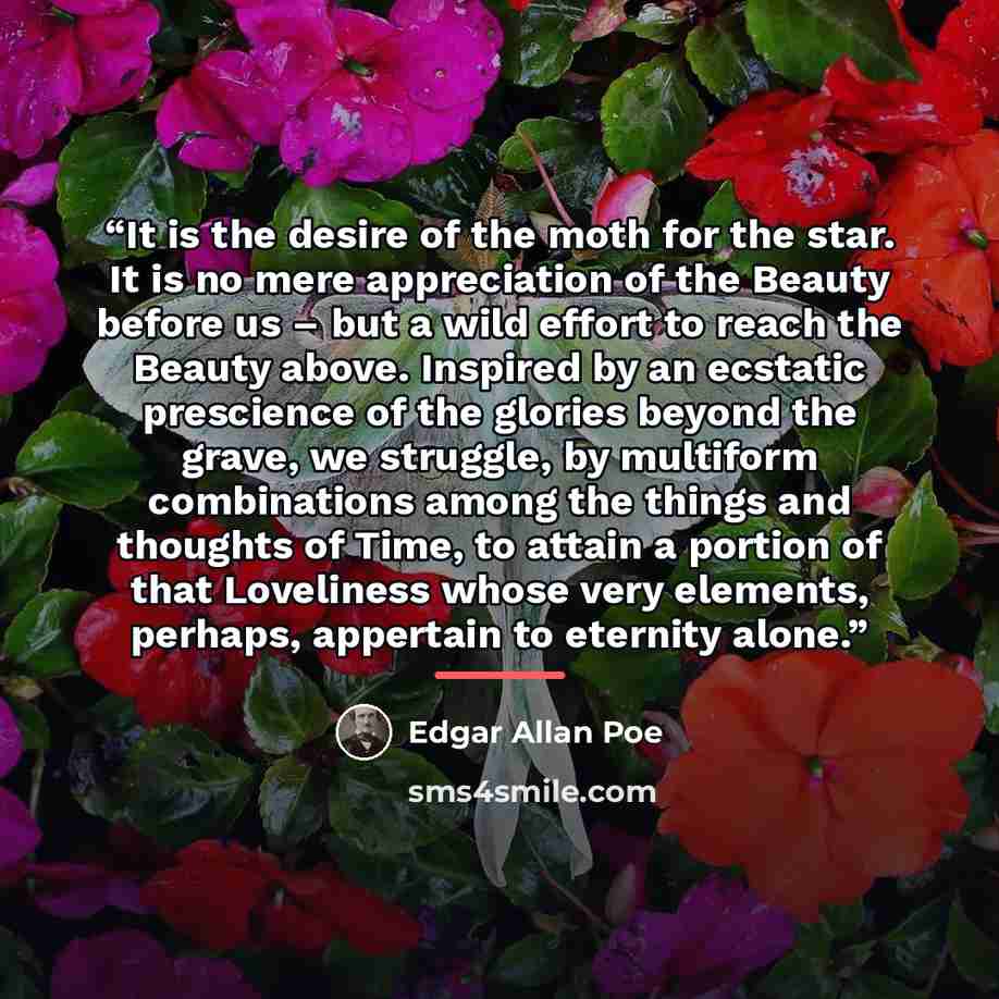 “It is the desire of the moth for the star. It is no mere appreciation of the Beauty before us – but a wild effort to reach the Beauty above. Inspired by an ecstatic prescience of the glories beyond the grave, we struggle, by multiform combinations among the things and thoughts of Time, to attain a…” quote by Edgar Allan Poe