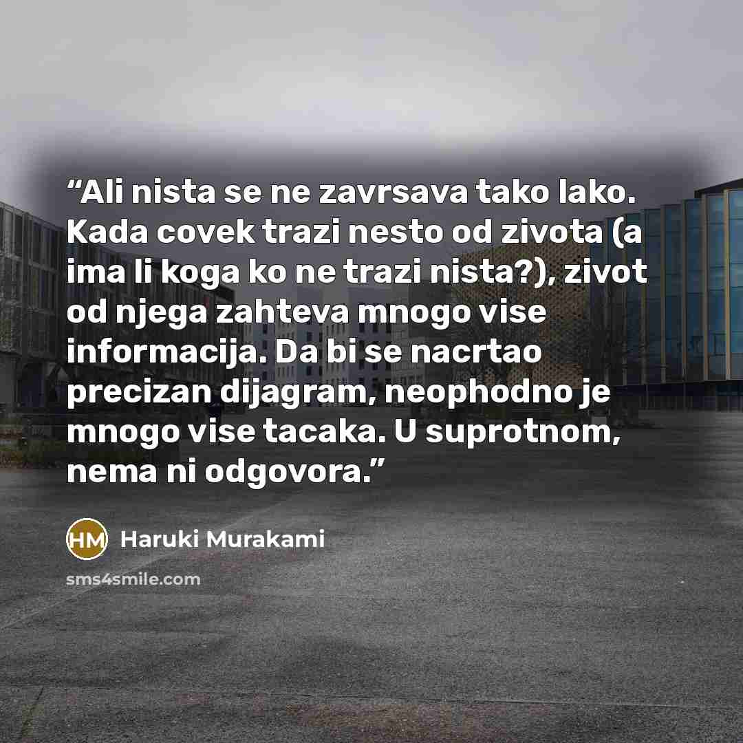 “Ali nista se ne zavrsava tako lako. Kada covek trazi nesto od zivota (a ima li koga ko ne trazi nista?), zivot od njega zahteva mnogo vise informacija. Da bi se nacrtao precizan dijagram, neophodno je mnogo vise tacaka. U suprotnom, nema ni odgovora.” quote by Haruki Murakami