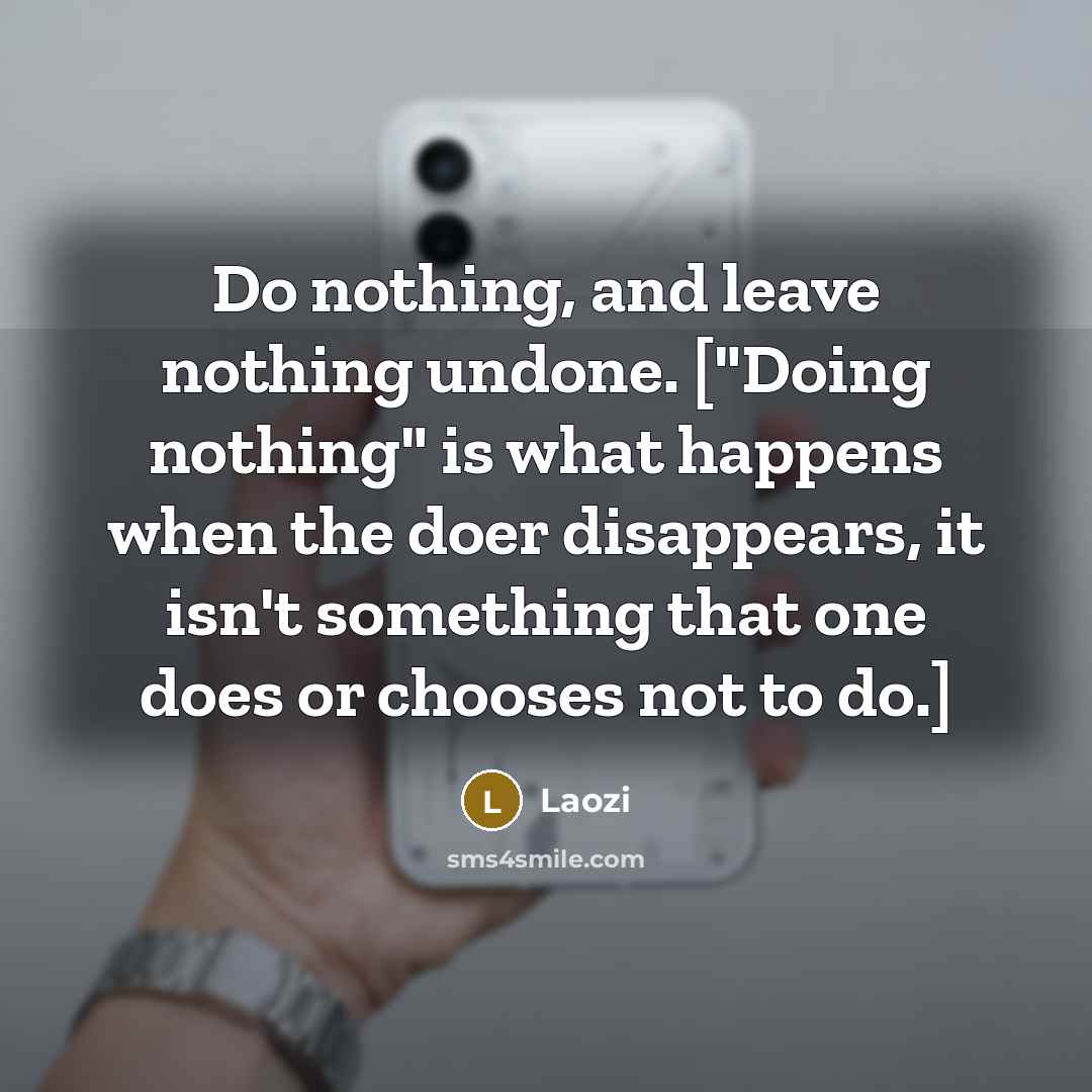 “Do nothing, and leave nothing undone. ["Doing nothing" is what happens when the doer disappears, it isn't something that one does or chooses not to do.]” quote by Laozi