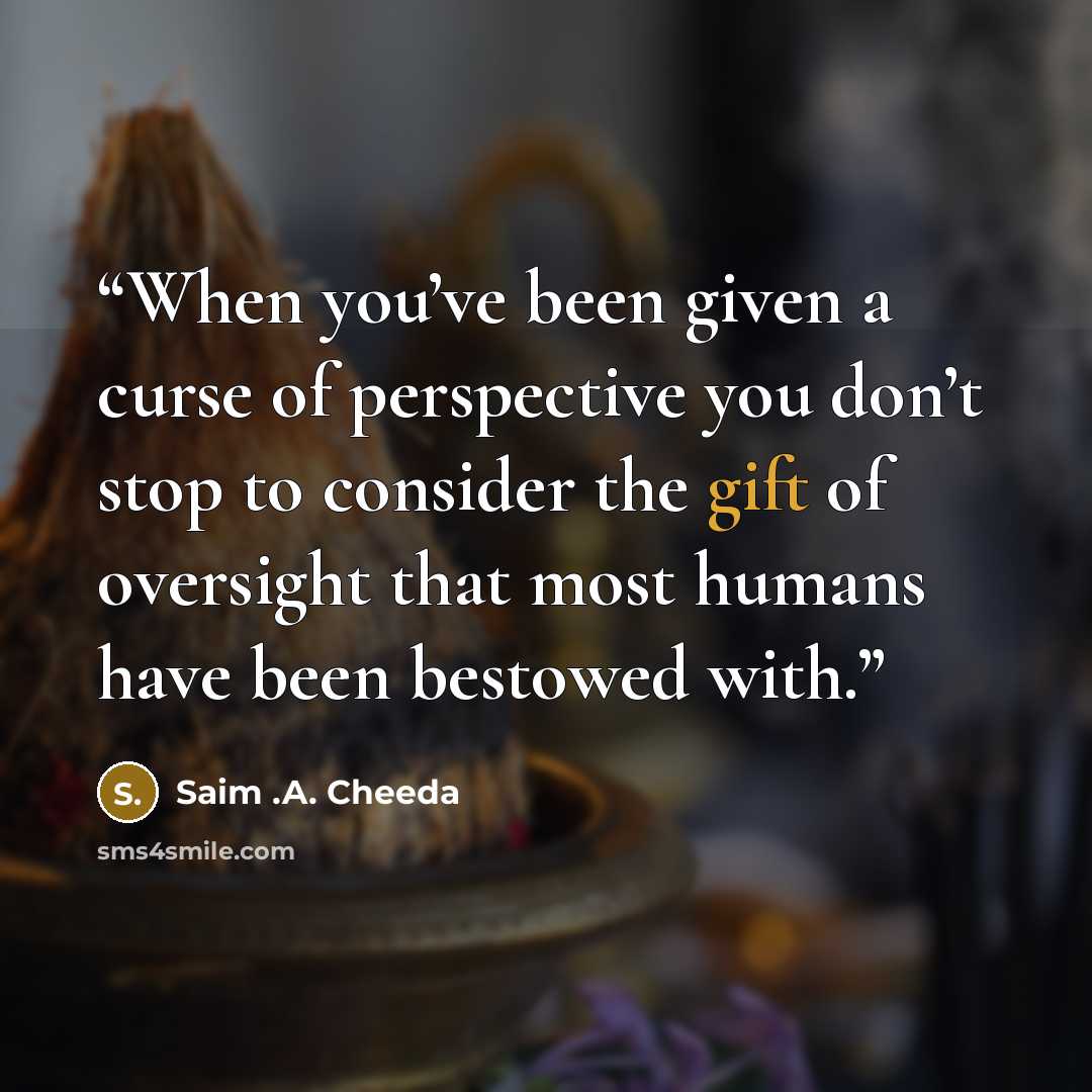 “When you’ve been given a curse of perspective you don’t stop to consider the gift of oversight that most humans have been bestowed with.” quote by Saim .A. Cheeda