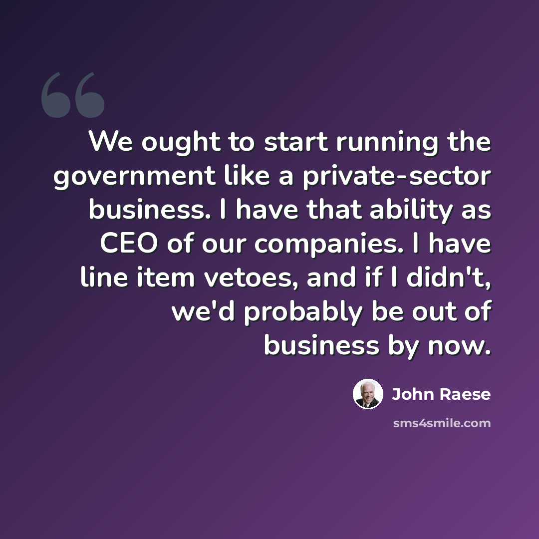 “We ought to start running the government like a private-sector business. I have that ability as CEO of our companies. I have line item vetoes, and if I didn't, we'd probably be out of business by now.” quote by John Raese