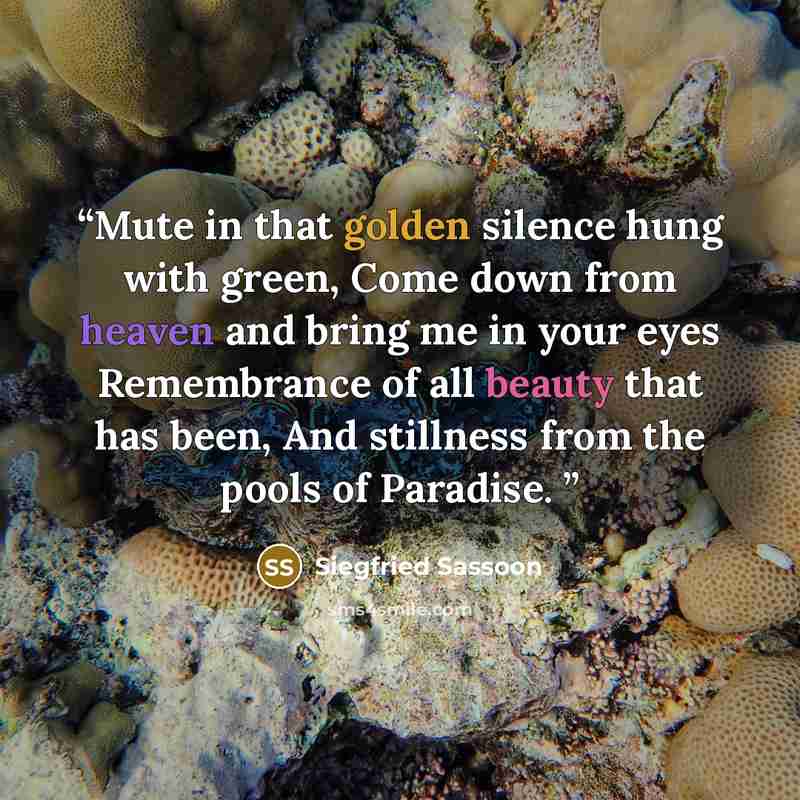 “Mute in that golden silence hung with green, Come down from heaven and bring me in your eyes Remembrance of all beauty that has been, And stillness from the pools of Paradise.” quote by Siegfried Sassoon