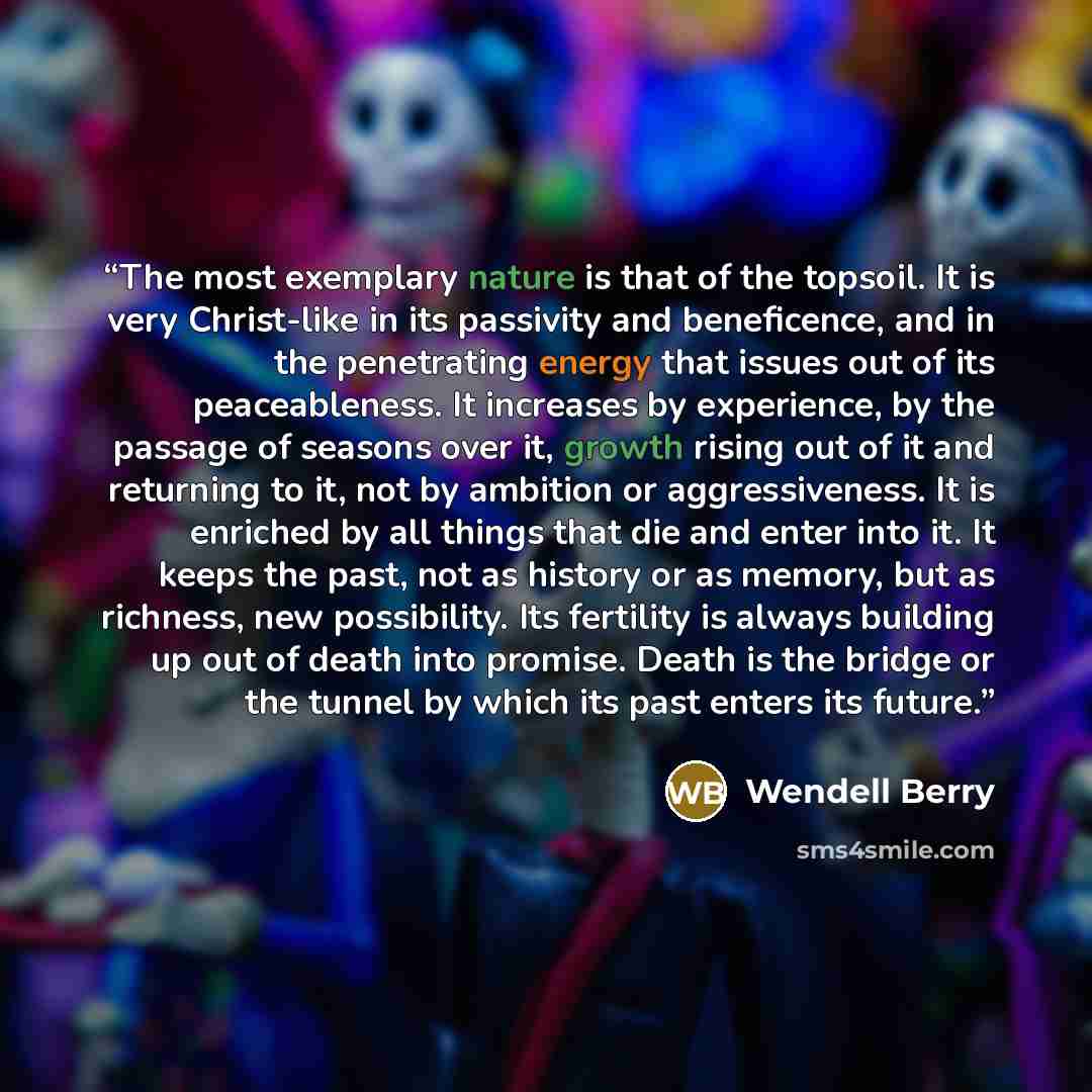 “The most exemplary nature is that of the topsoil. It is very Christ-like in its passivity and beneficence, and in the penetrating energy that issues out of its peaceableness. It increases by experience, by the passage of seasons over it, growth rising out of it and returning to it, not by ambition…” quote by Wendell Berry