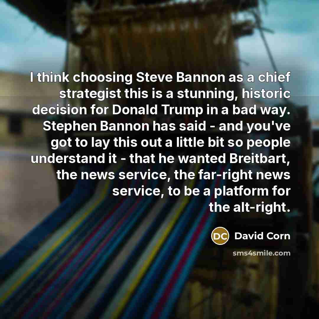 “I think choosing Steve Bannon as a chief strategist this is a stunning, historic decision for Donald Trump in a bad way. Stephen Bannon has said - and you've got to lay this out a little bit so people understand it - that he wanted Breitbart, the news service, the far-right news service, to be a…” quote by David Corn