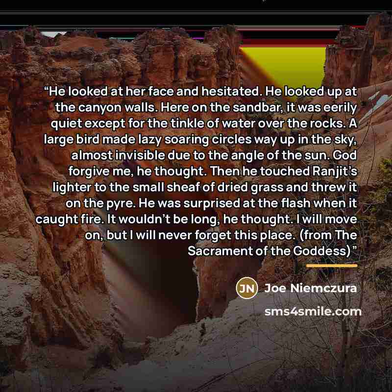 “He looked at her face and hesitated. He looked up at the canyon walls. Here on the sandbar, it was eerily quiet except for the tinkle of water over the rocks. A large bird made lazy soaring circles way up in the sky, almost invisible due to the angle of the sun. God forgive me, he thought. Then he…” quote by Joe Niemczura