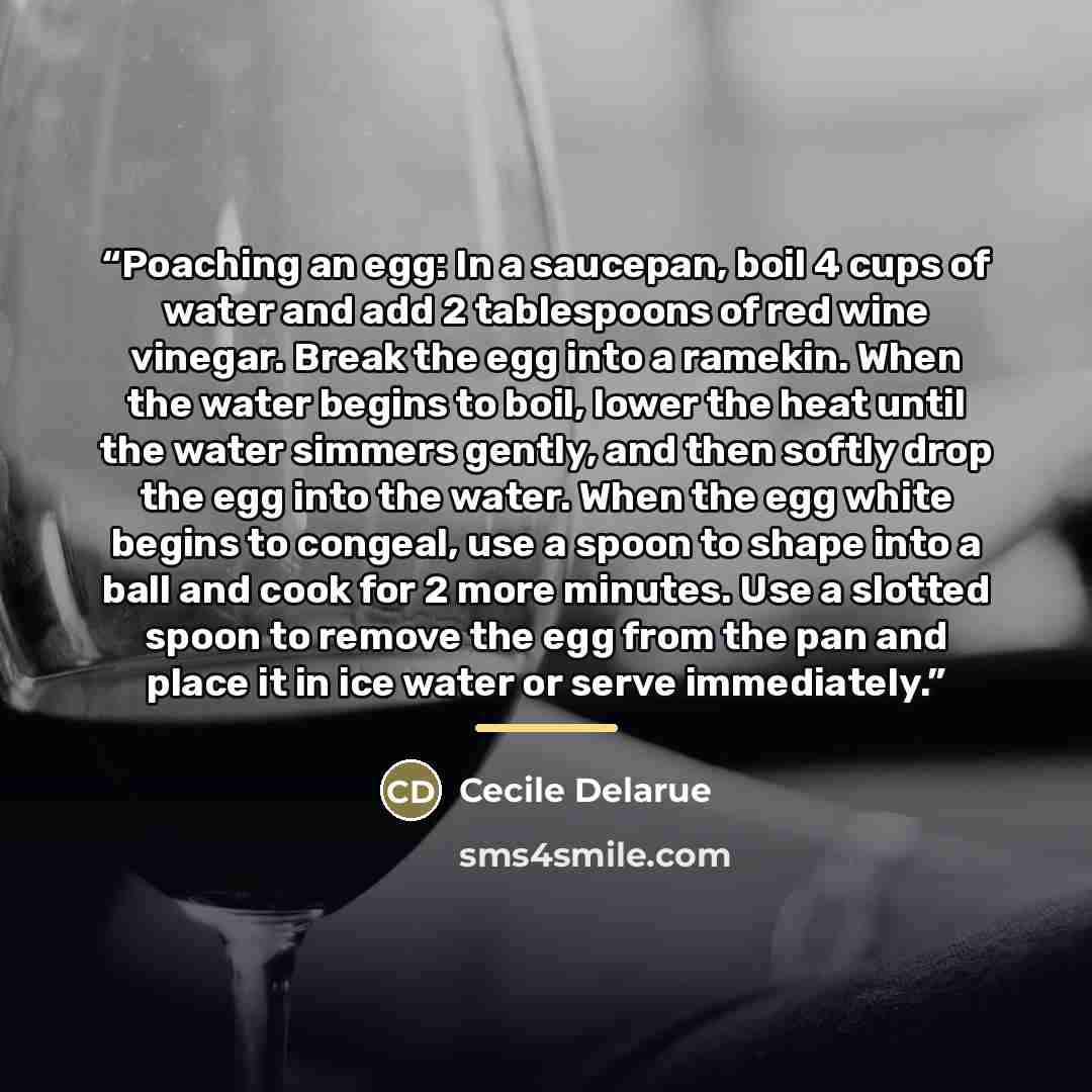 “Poaching an egg: In a saucepan, boil 4 cups of water and add 2 tablespoons of red wine vinegar. Break the egg into a ramekin. When the water begins to boil, lower the heat until the water simmers gently, and then softly drop the egg into the water. When the egg white begins to congeal, use a spoon…” quote by Cecile Delarue