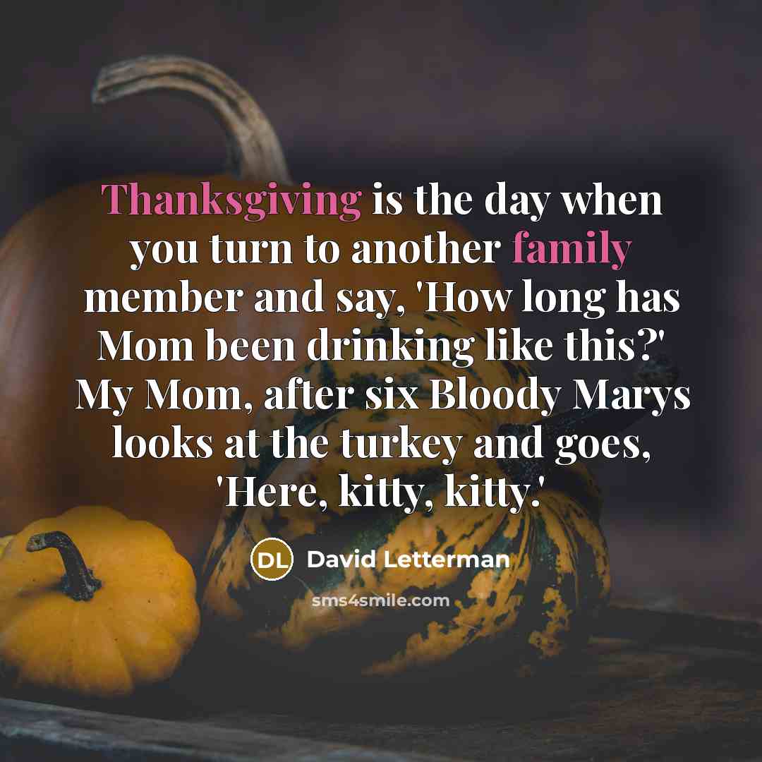 “Thanksgiving is the day when you turn to another family member and say, 'How long has Mom been drinking like this?' My Mom, after six Bloody Marys looks at the turkey and goes, 'Here, kitty, kitty.'” quote by David Letterman