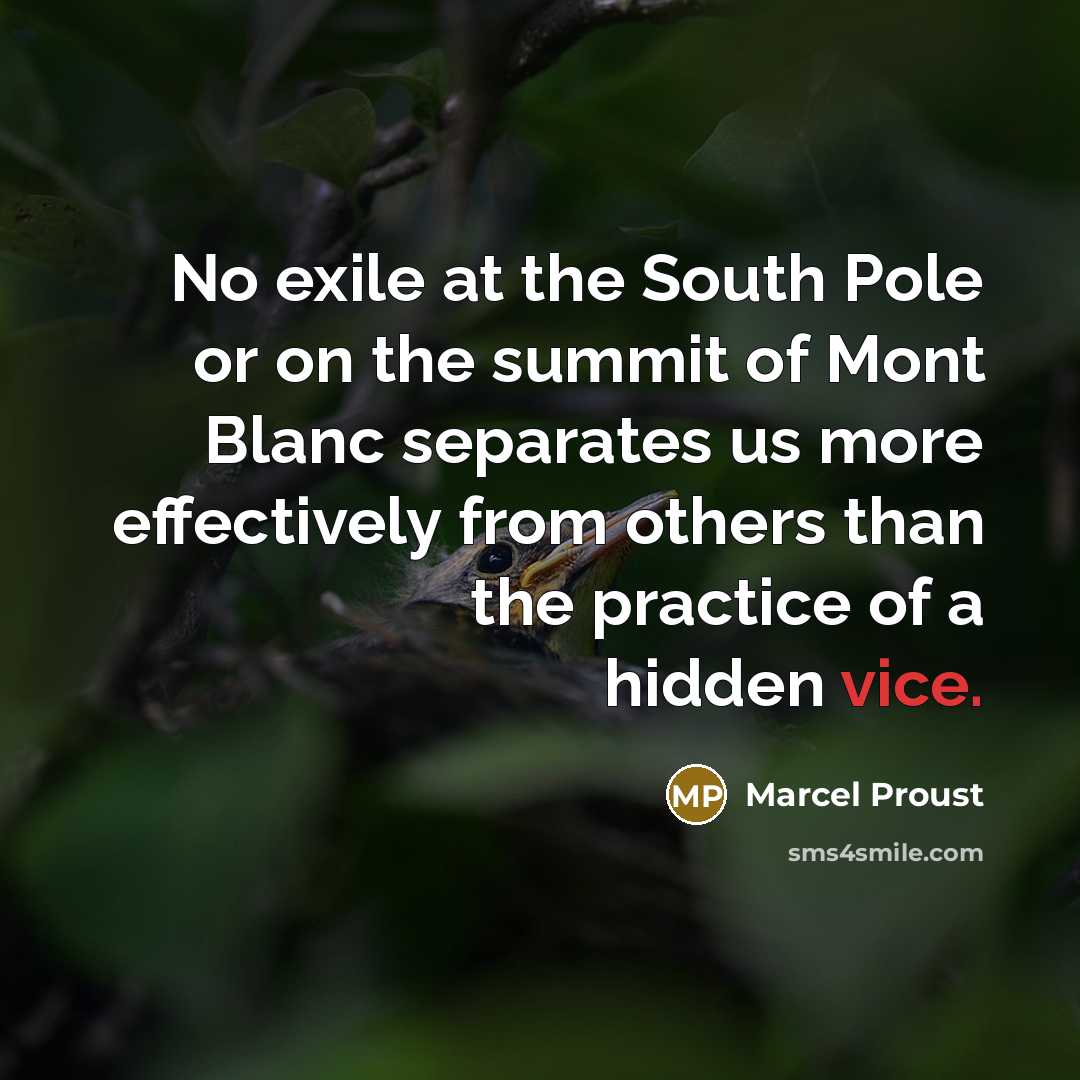 “No exile at the South Pole or on the summit of Mont Blanc separates us more effectively from others than the practice of a hidden vice.” quote by Marcel Proust