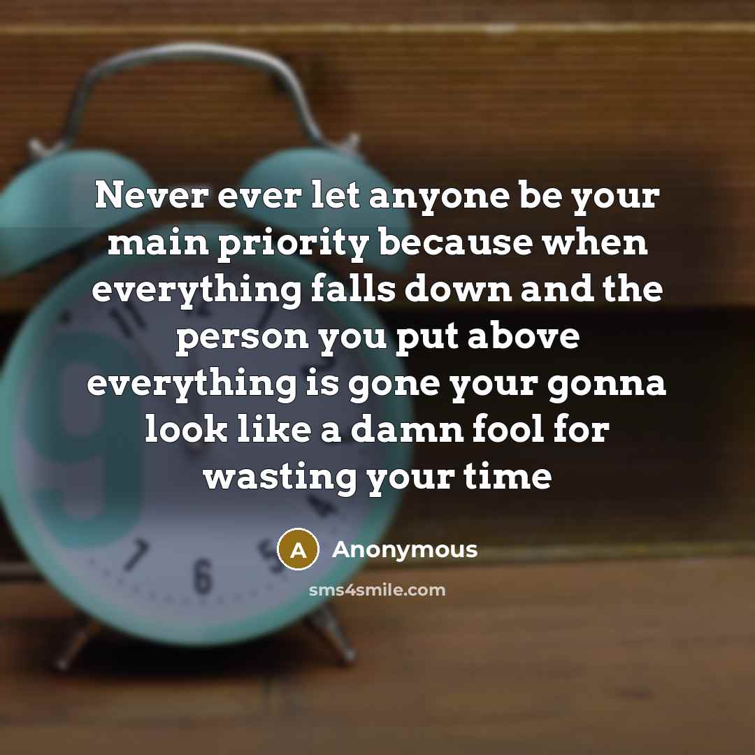 “Never ever let anyone be your main priority because when everything falls down and the person you put above everything is gone your gonna look like a damn fool for wasting your time” quote by Anonymous