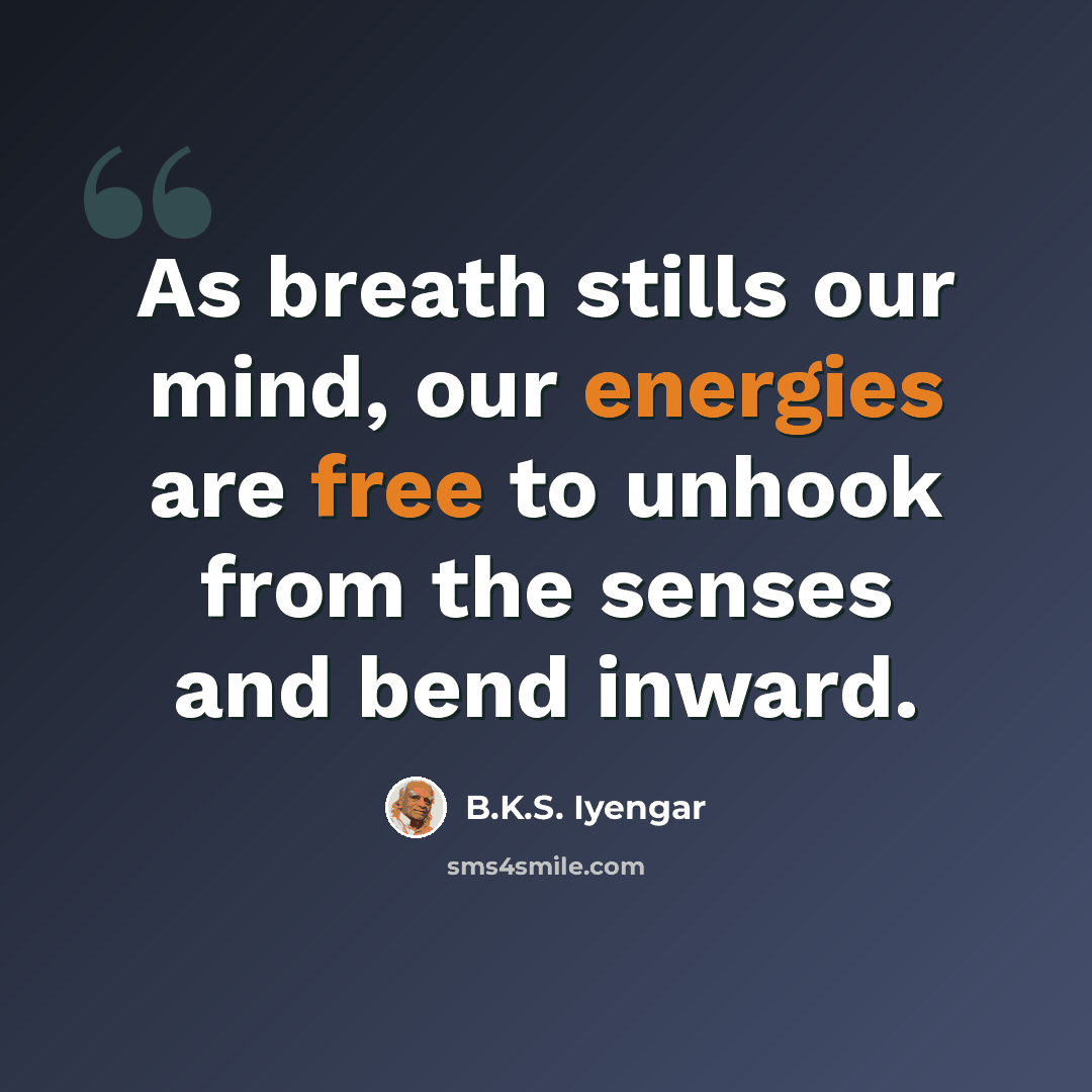 “As breath stills our mind, our energies are free to unhook from the senses and bend inward.” quote by B.K.S. Iyengar