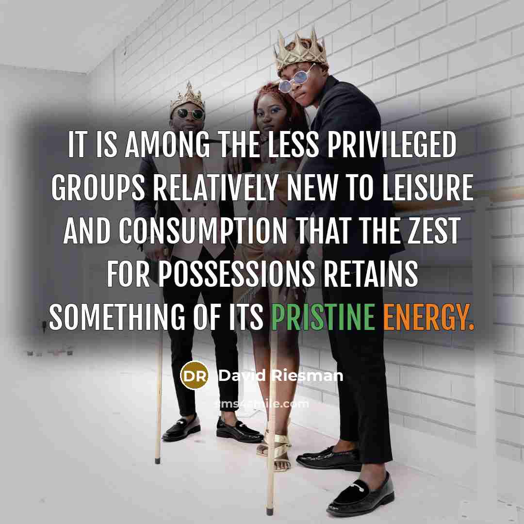 “It is among the less privileged groups relatively new to leisure and consumption that the zest for possessions retains something of its pristine energy.” quote by David Riesman