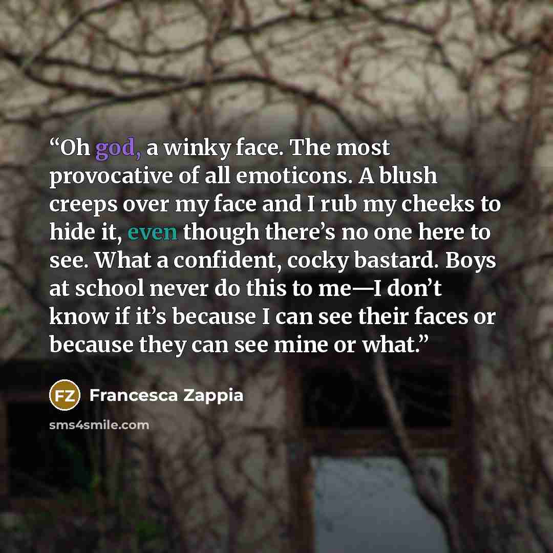 “Oh god, a winky face. The most provocative of all emoticons. A blush creeps over my face and I rub my cheeks to hide it, even though there’s no one here to see. What a confident, cocky bastard. Boys at school never do this to me—I don’t know if it’s because I can see their faces or because they…” quote by Francesca Zappia