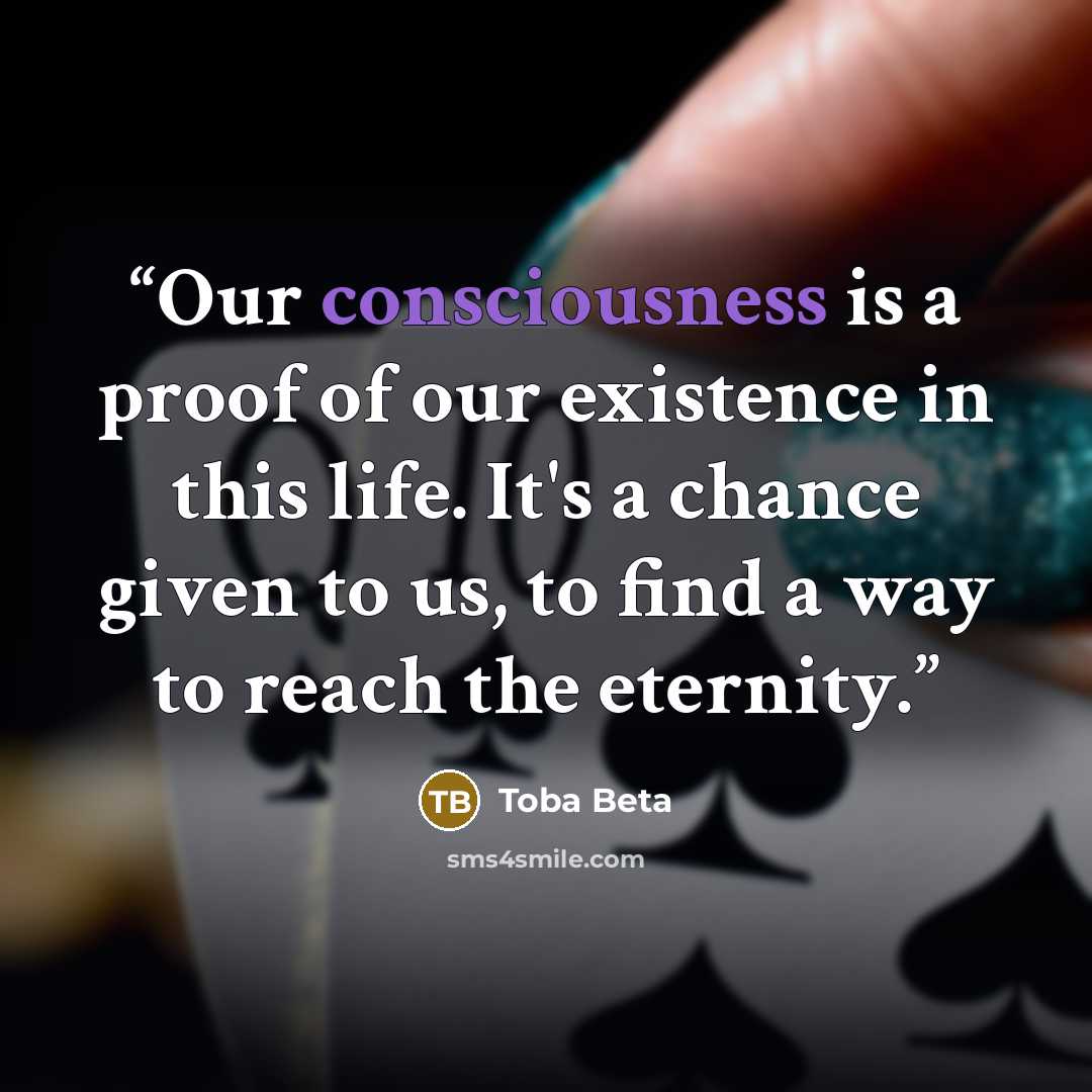 “Our consciousness is a proof of our existence in this life. It's a chance given to us, to find a way to reach the eternity.” quote by Toba Beta
