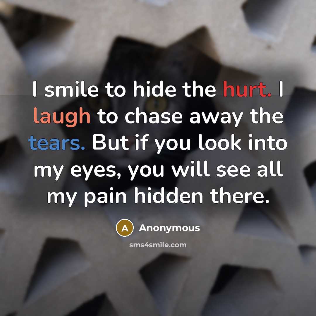 “I smile to hide the hurt. I laugh to chase away the tears. But if you look into my eyes, you will see all my pain hidden there.” quote by Anonymous