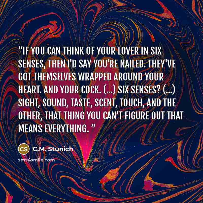 “If you can think of your lover in six senses, then I'd say you're nailed. They've got themselves wrapped around your heart. And your cock. (...) Six senses? (...) Sight, sound, taste, scent, touch, and the other, that thing you can't figure out that means everything.” quote by C.M. Stunich