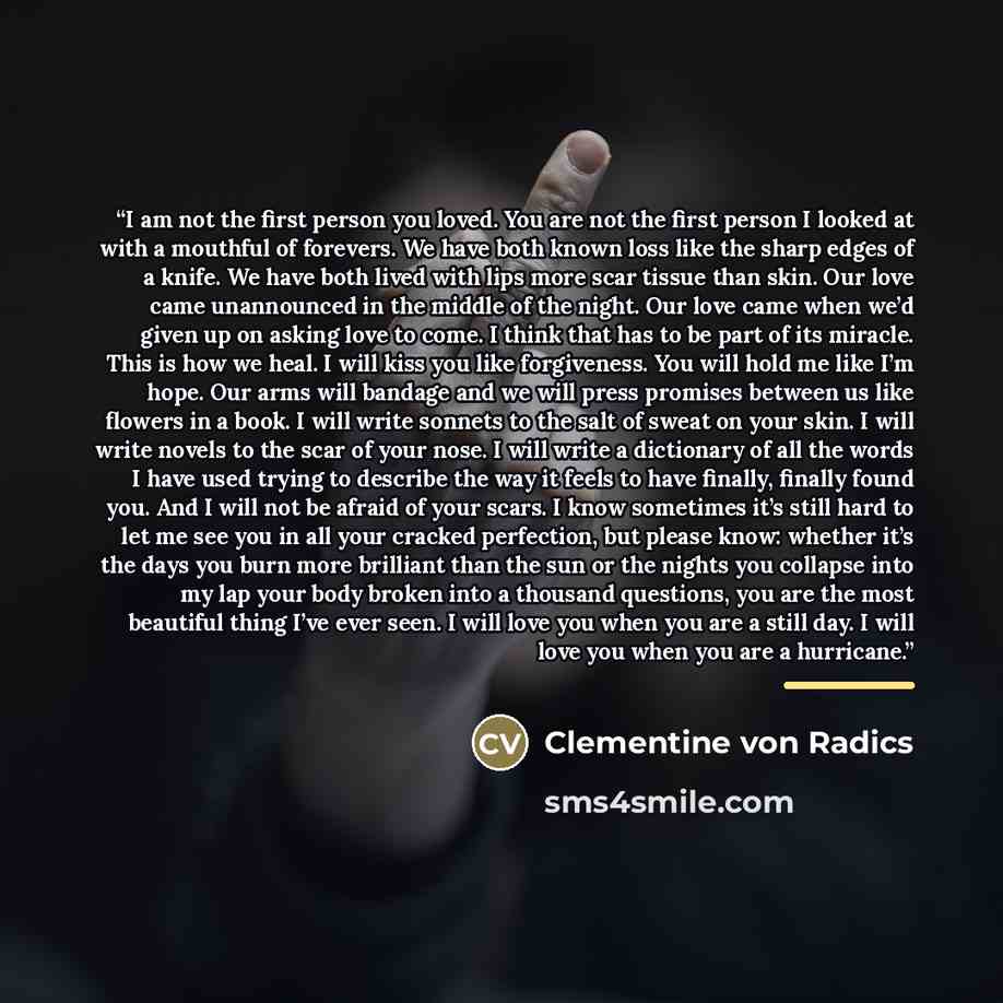 “I am not the first person you loved. You are not the first person I looked at with a mouthful of forevers. We have both known loss like the sharp edges of a knife. We have both lived with lips more scar tissue than skin. Our love came unannounced in the middle of the night. Our love came when we’d…” quote by Clementine von Radics