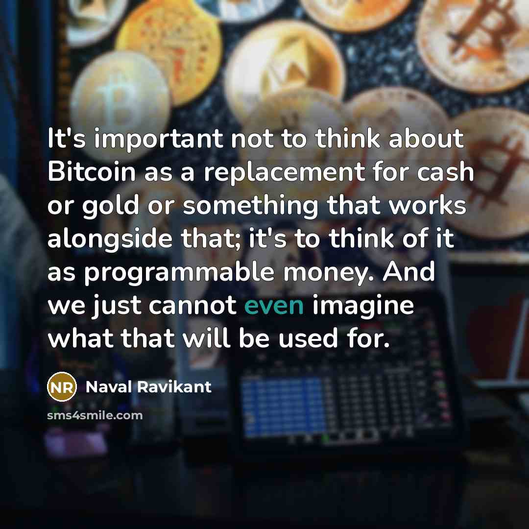 “It's important not to think about Bitcoin as a replacement for cash or gold or something that works alongside that; it's to think of it as programmable money. And we just cannot even imagine what that will be used for.” quote by Naval Ravikant