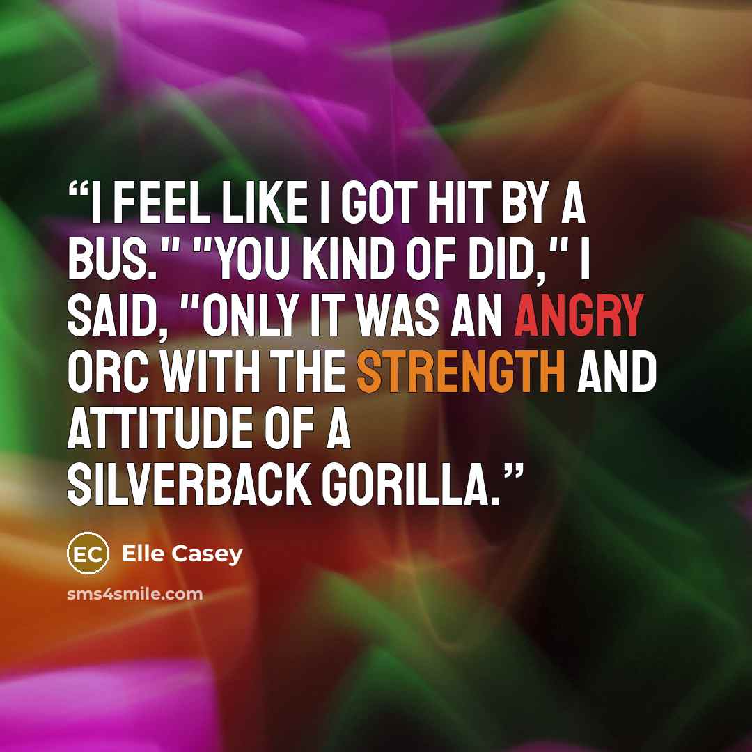 “I feel like I got hit by a bus." "You kind of did," I said, "only it was an angry orc with the strength and attitude of a silverback gorilla.” quote by Elle Casey