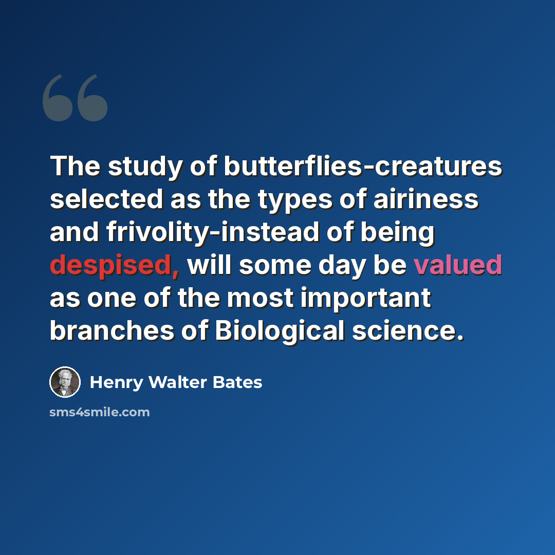 “The study of butterflies-creatures selected as the types of airiness and frivolity-instead of being despised, will some day be valued as one of the most important branches of Biological science.” quote by Henry Walter Bates
