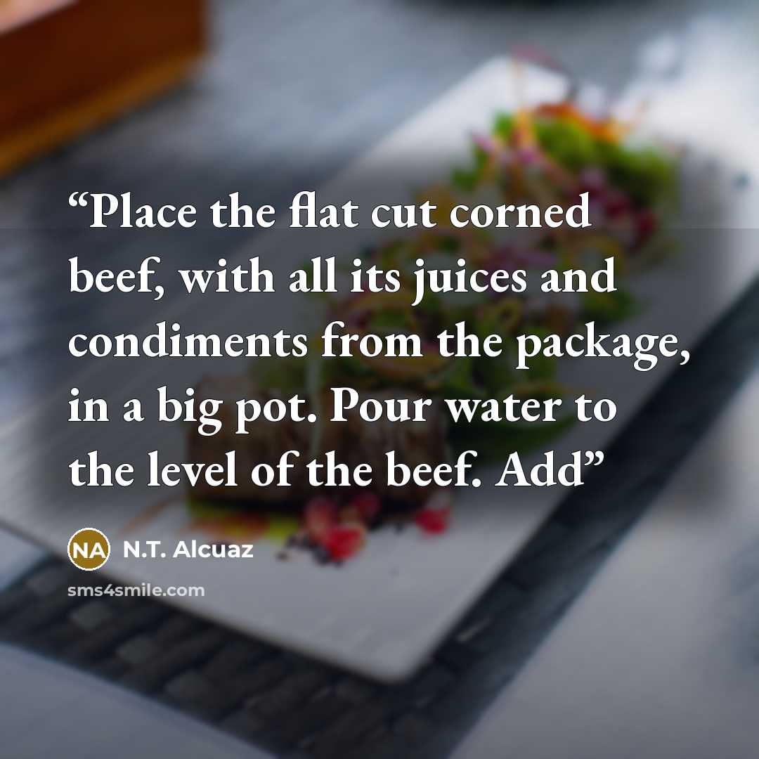“Place the flat cut corned beef, with all its juices and condiments from the package, in a big pot. Pour water to the level of the beef. Add” quote by N.T. Alcuaz