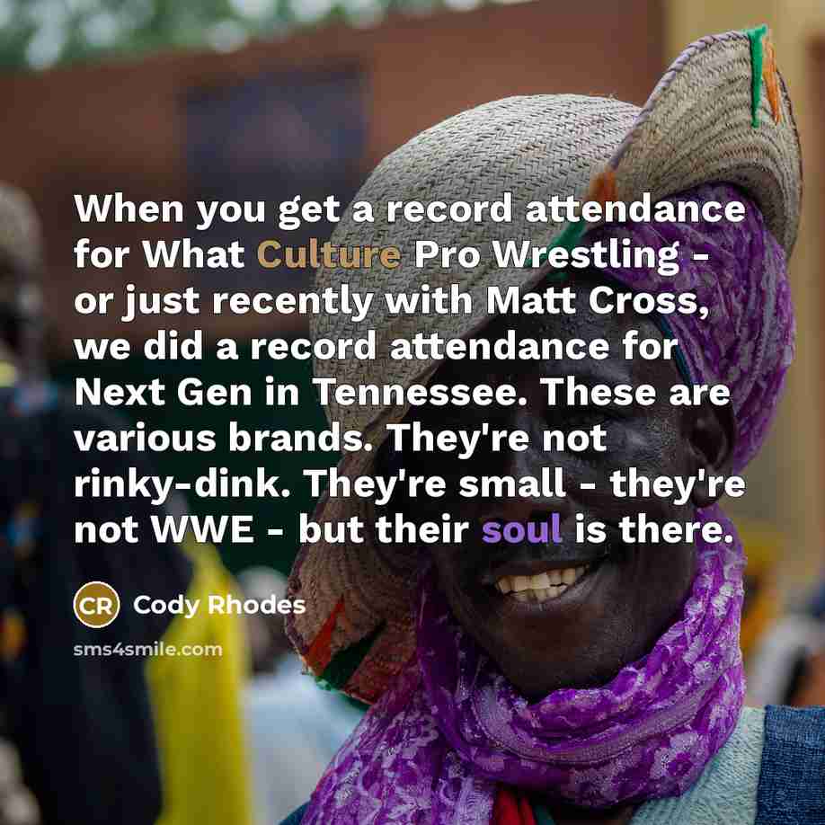 “When you get a record attendance for What Culture Pro Wrestling - or just recently with Matt Cross, we did a record attendance for Next Gen in Tennessee. These are various brands. They're not rinky-dink. They're small - they're not WWE - but their soul is there.” quote by Cody Rhodes