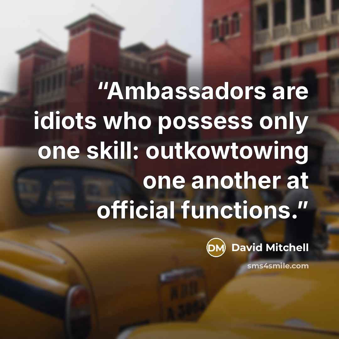 “Ambassadors are idiots who possess only one skill: outkowtowing one another at official functions.” quote by David Mitchell