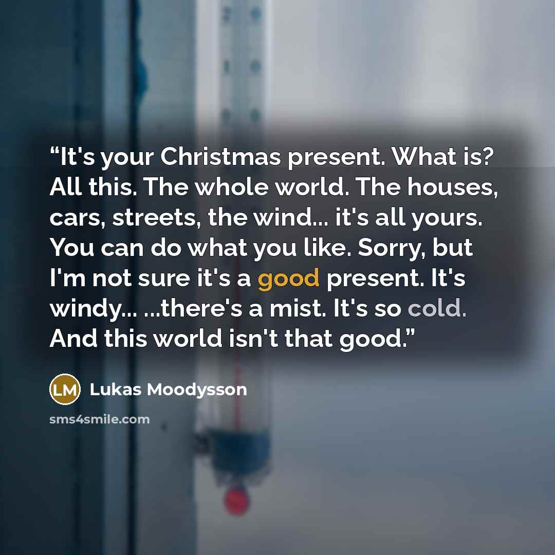 “It's your Christmas present. What is? All this. The whole world. The houses, cars, streets, the wind... it's all yours. You can do what you like. Sorry, but I'm not sure it's a good present. It's windy... ...there's a mist. It's so cold. And this world isn't that good.” quote by Lukas Moodysson