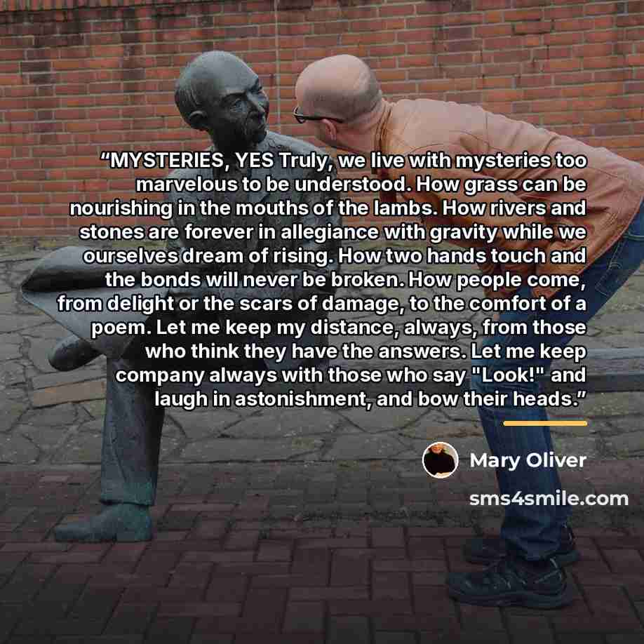 “MYSTERIES, YES Truly, we live with mysteries too marvelous to be understood. How grass can be nourishing in the mouths of the lambs. How rivers and stones are forever in allegiance with gravity while we ourselves dream of rising. How two hands touch and the bonds will never be broken. How people…” quote by Mary Oliver