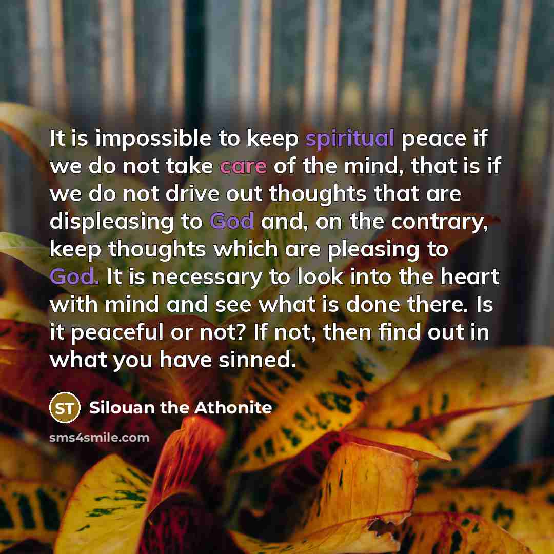 “It is impossible to keep spiritual peace if we do not take care of the mind, that is if we do not drive out thoughts that are displeasing to God and, on the contrary, keep thoughts which are pleasing to God. It is necessary to look into the heart with mind and see what is done there. Is it…” quote by Silouan the Athonite