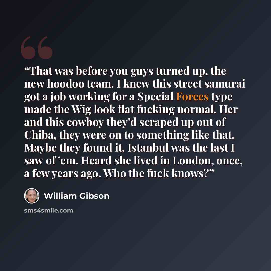 “That was before you guys turned up, the new hoodoo team. I knew this street samurai got a job working for a Special Forces type made the Wig look flat fucking normal. Her and this cowboy they’d scraped up out of Chiba, they were on to something like that. Maybe they found it. Istanbul was the last…” quote by William Gibson