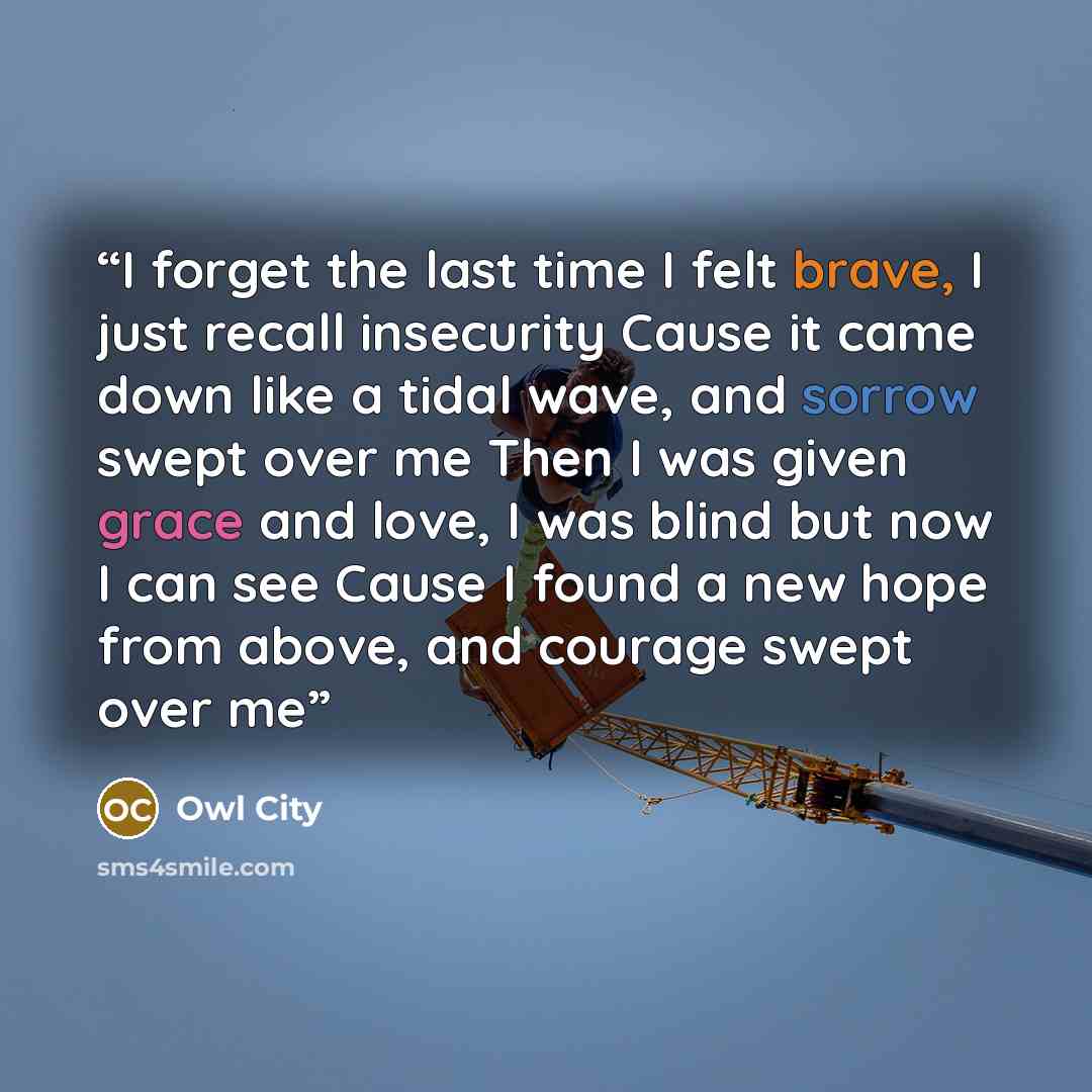 “I forget the last time I felt brave, I just recall insecurity Cause it came down like a tidal wave, and sorrow swept over me Then I was given grace and love, I was blind but now I can see Cause I found a new hope from above, and courage swept over me” quote by Owl City
