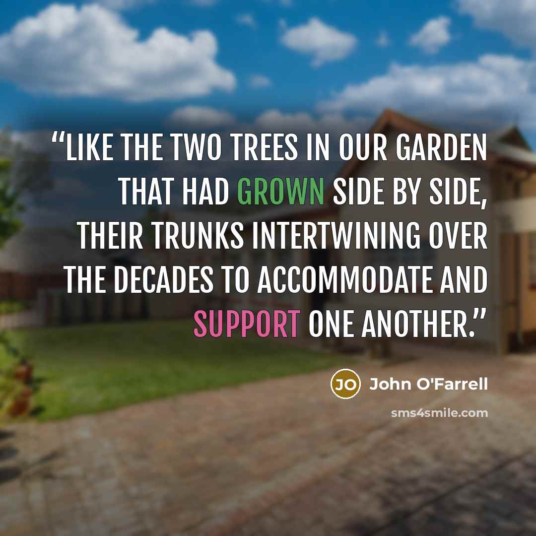 “Like the two trees in our garden that had grown side by side, their trunks intertwining over the decades to accommodate and support one another.” quote by John O'Farrell