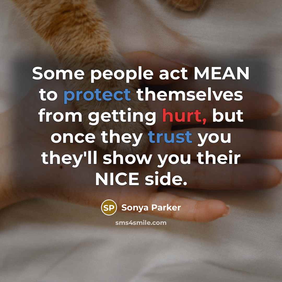 “Some people act MEAN to protect themselves from getting hurt, but once they trust you they'll show you their NICE side.” quote by Sonya Parker