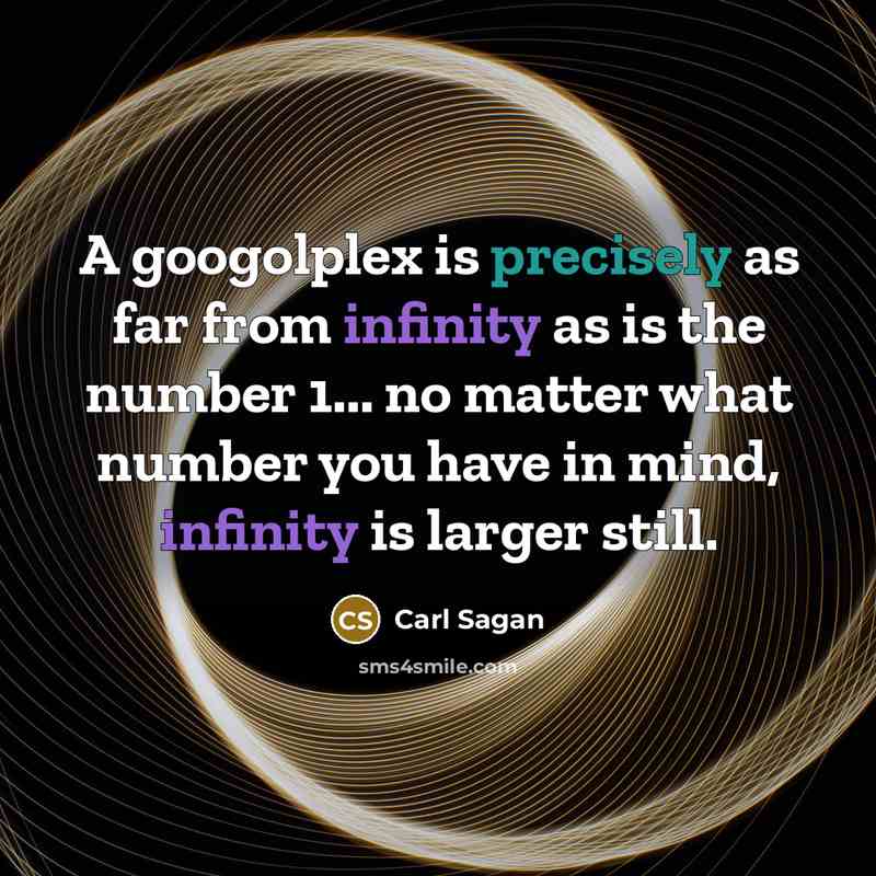 “A googolplex is precisely as far from infinity as is the number 1... no matter what number you have in mind, infinity is larger still.” quote by Carl Sagan