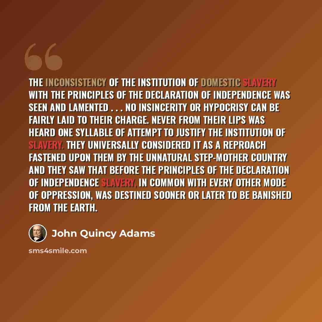 “The inconsistency of the institution of domestic slavery with the principles of the Declaration of Independence was seen and lamented . . . no insincerity or hypocrisy can be fairly laid to their charge. Never from their lips was heard one syllable of attempt to justify the institution of slavery…” quote by John Quincy Adams