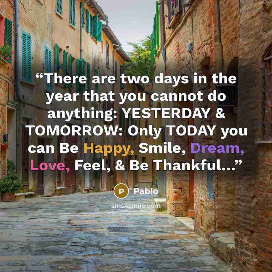 “There are two days in the year that you cannot do anything: YESTERDAY & TOMORROW: Only TODAY you can Be Happy, Smile, Dream, Love, Feel, & Be Thankful…” quote by Pablo