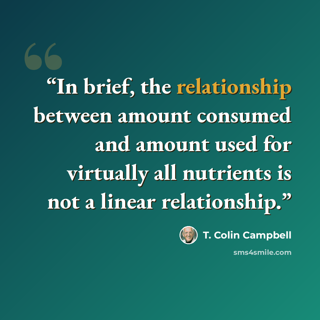 “In brief, the relationship between amount consumed and amount used for virtually all nutrients is not a linear relationship.” quote by T. Colin Campbell