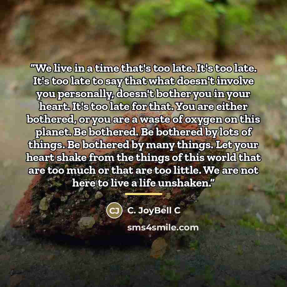 “We live in a time that's too late. It's too late. It's too late to say that what doesn't involve you personally, doesn't bother you in your heart. It's too late for that. You are either bothered, or you are a waste of oxygen on this planet. Be bothered. Be bothered by lots of things. Be bothered…” quote by C. JoyBell C