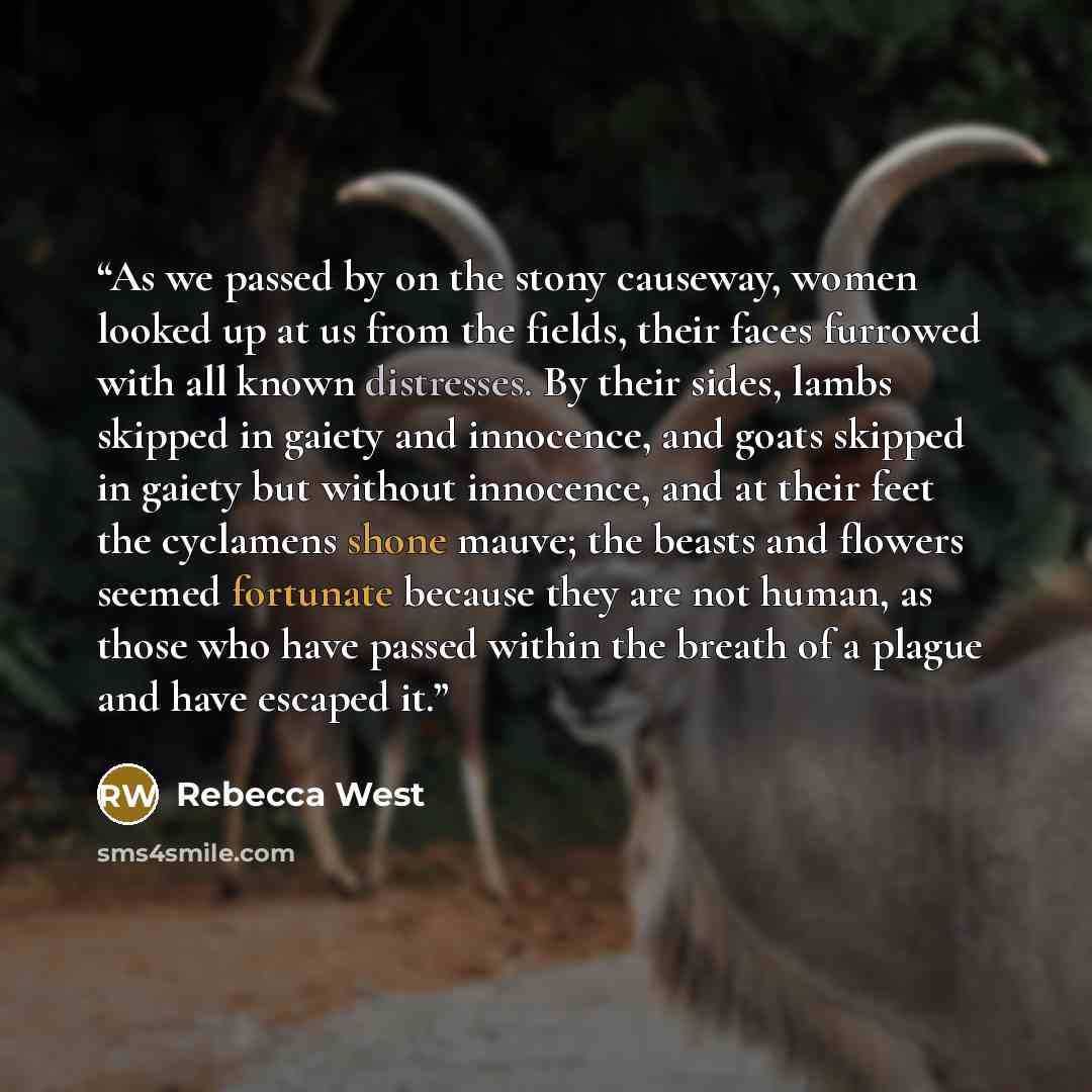 “As we passed by on the stony causeway, women looked up at us from the fields, their faces furrowed with all known distresses. By their sides, lambs skipped in gaiety and innocence, and goats skipped in gaiety but without innocence, and at their feet the cyclamens shone mauve; the beasts and…” quote by Rebecca West