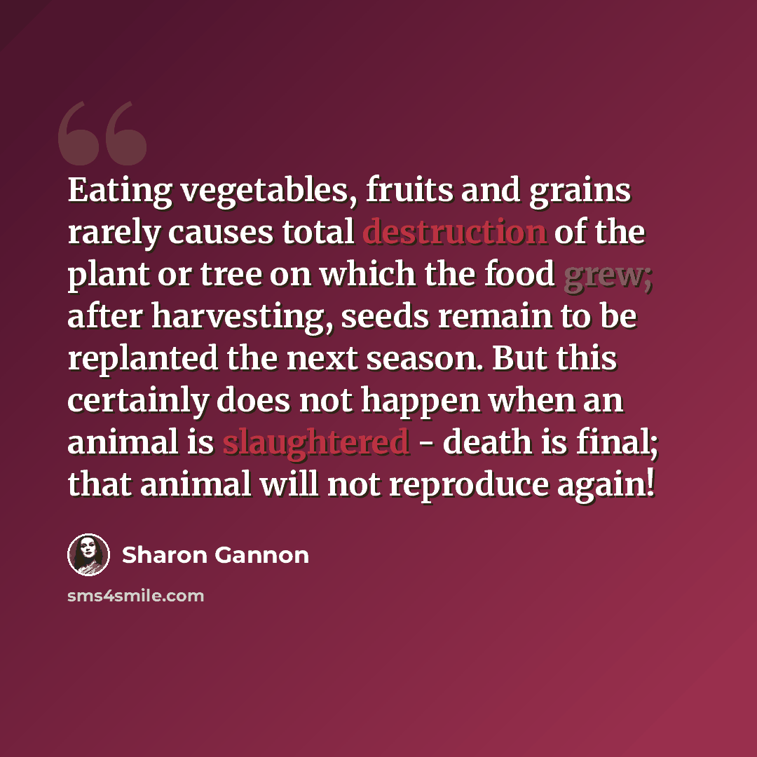 “Eating vegetables, fruits and grains rarely causes total destruction of the plant or tree on which the food grew; after harvesting, seeds remain to be replanted the next season. But this certainly does not happen when an animal is slaughtered - death is final; that animal will not reproduce again!” quote by Sharon Gannon