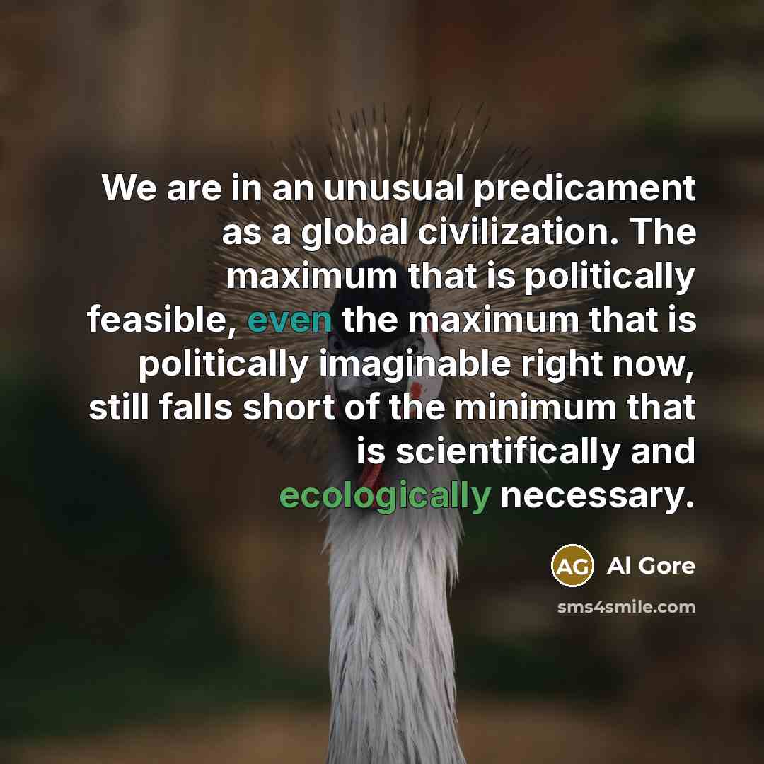 “We are in an unusual predicament as a global civilization. The maximum that is politically feasible, even the maximum that is politically imaginable right now, still falls short of the minimum that is scientifically and ecologically necessary.” quote by Al Gore