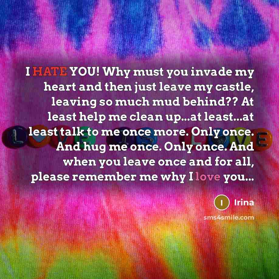 “I HATE YOU! Why must you invade my heart and then just leave my castle, leaving so much mud behind?? At least help me clean up...at least...at least talk to me once more. Only once. And hug me once. Only once. And when you leave once and for all, please remember me why I love you...” quote by Irina